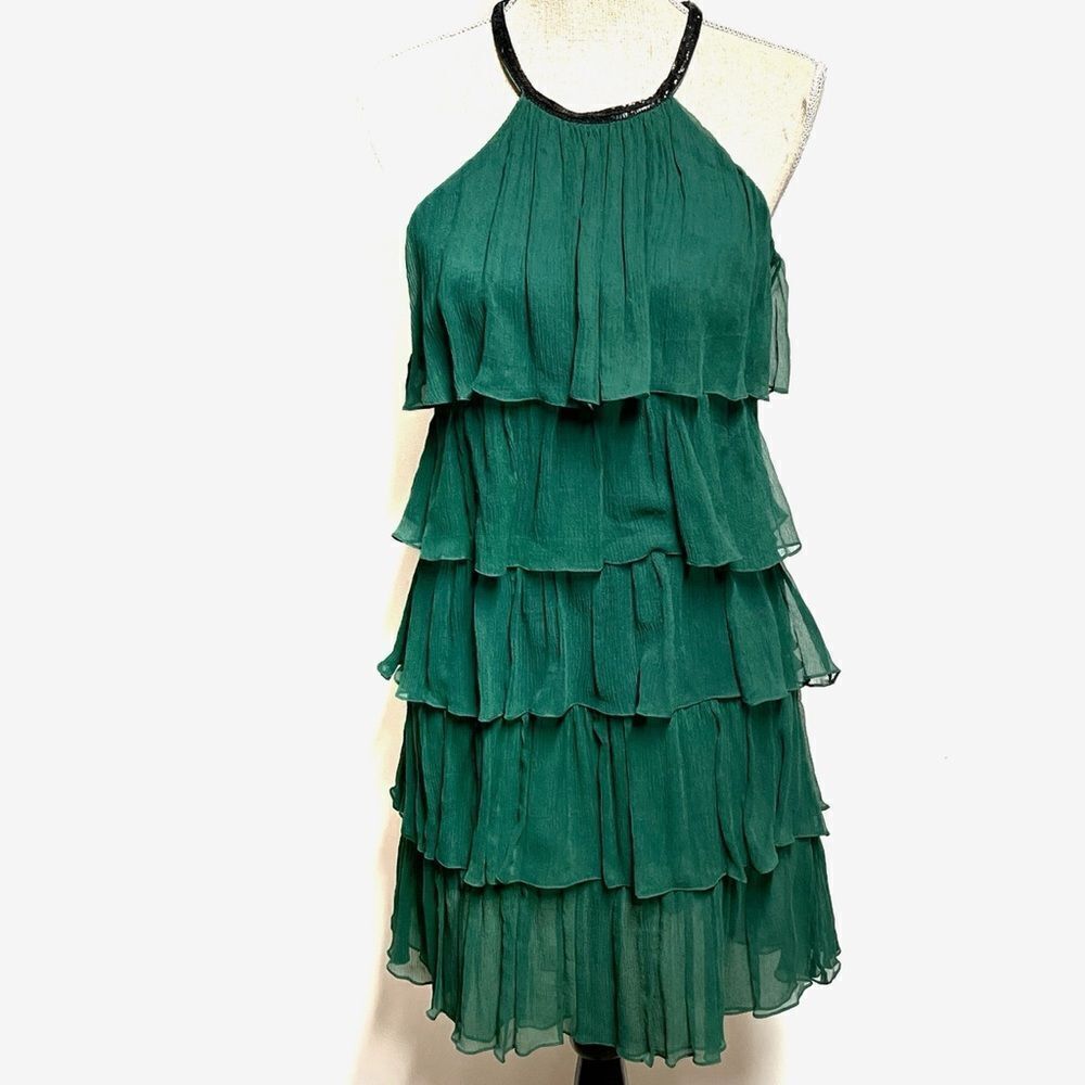 Jay Godfrey Women 100% Silk Halter Neck Tiered Flowy Green Chiffon Dress Sz 2